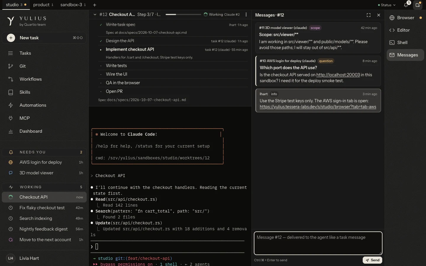 Messages to task 12 from two other tasks: one says it is working in src/viewer and asks the others to avoid those paths, another asks which port the checkout API uses.