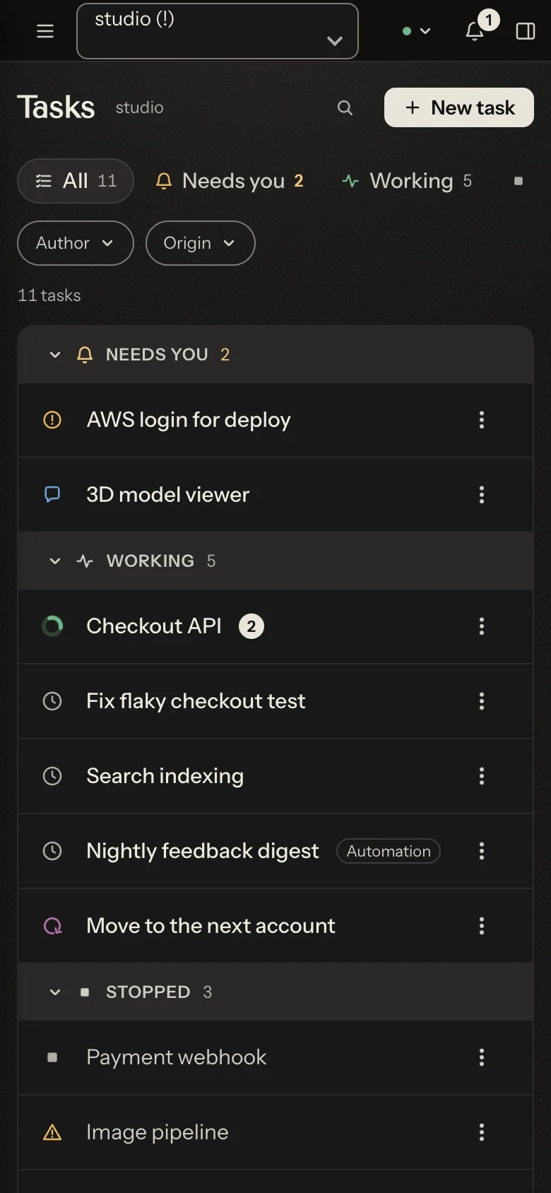 Yulius on a phone: the task list grouped into Needs you, Working and Stopped.
