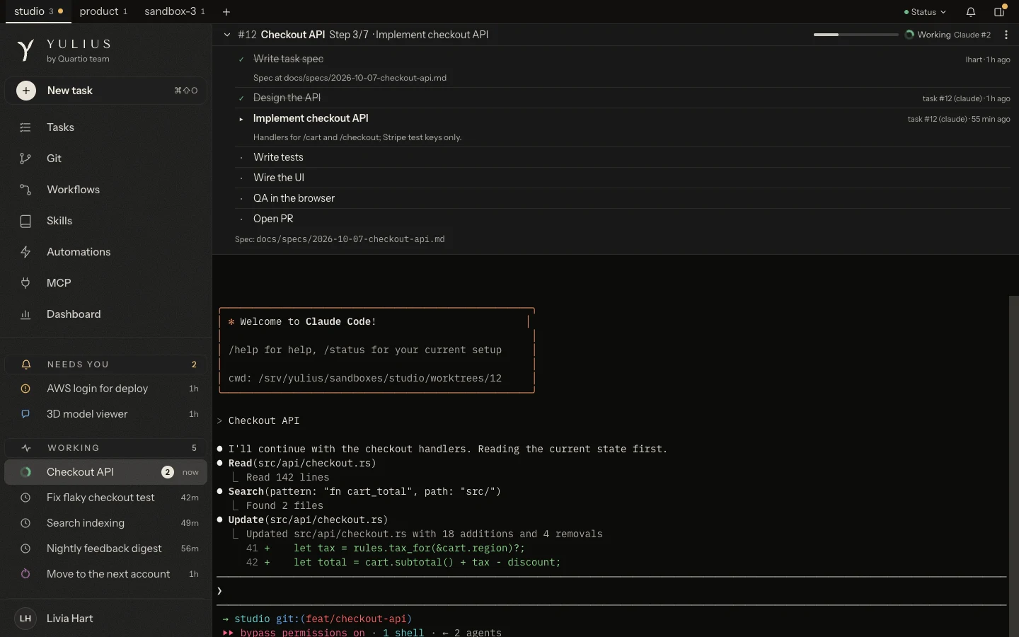 A Yulius task: the plan of seven steps above, with two done and the third in progress, and Claude Code's own terminal below, editing the checkout API on the branch feat/checkout-api.